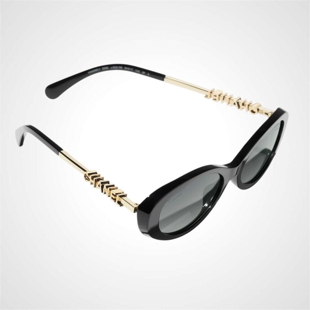 New Chanel Sunglasses Black Gold Oval Polarized Acetate Metal Cut Out Logo 54mm - Picture 4 of 5